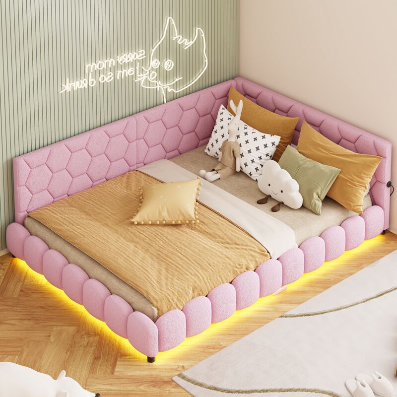 Lit gigogne 140x200 cm, avec éclairage d'ambiance LED, fonction chargement USB, sherpa, sommier à lattes, adapté aux chambres et salons, chambres