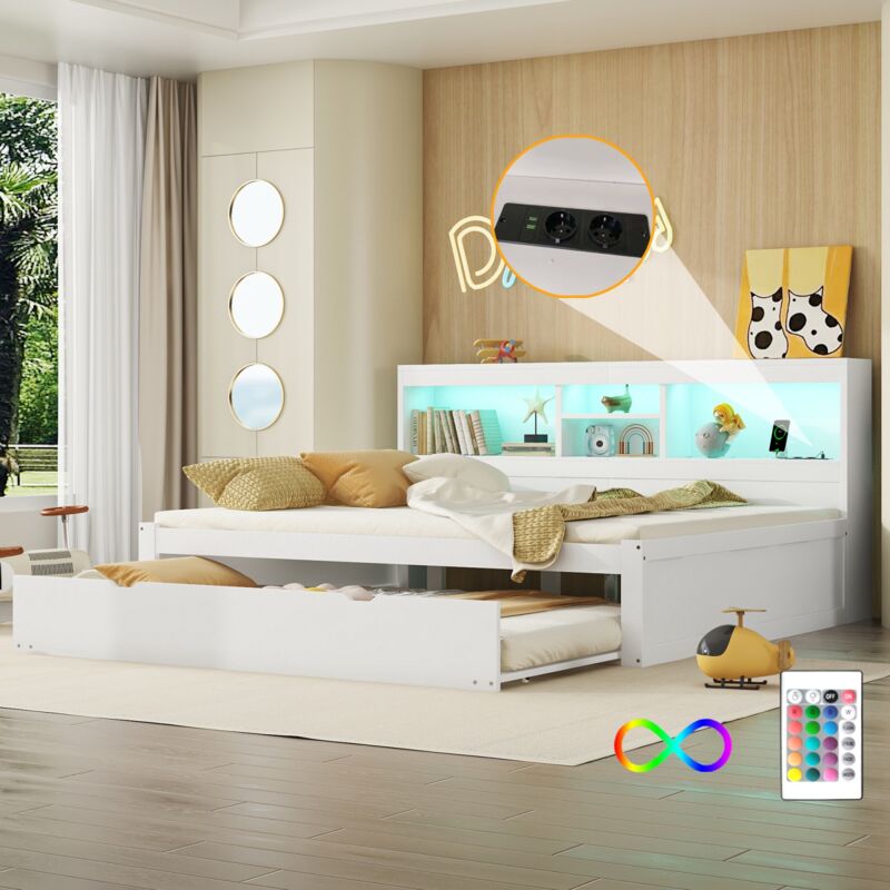 Eifson - Lit gigogne 140x200 cm, avec lit gigogne, éclairage d'ambiance led télécommandé, rangement chevet, prise + usb, convient aux adultes et