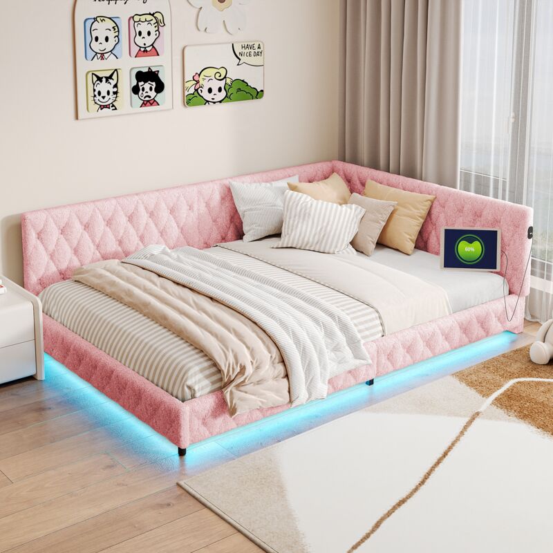 Eifson - Lit gigogne 140x200 cm, canapé convertible escamotable, avec éclairage led et recharge usb, peluche polaire, sommier à lattes, lit enfant