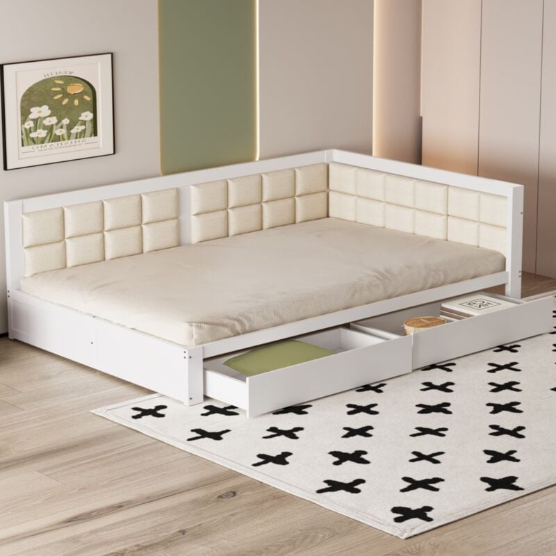 Eifson - Lit gigogne 140x200 cm, canapé lit multifonction avec deux tiroirs de rangement, dossier moelleux, sommier à lattes, pin, adapté au salon et