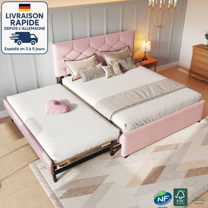 Lit gigogne 140x200+90x200 - lit capitonné tissu - Lit adulte 140x200 - avec 2 sommiers et un tiroir-lit - Sommier à lattes - Contemporain - Rose