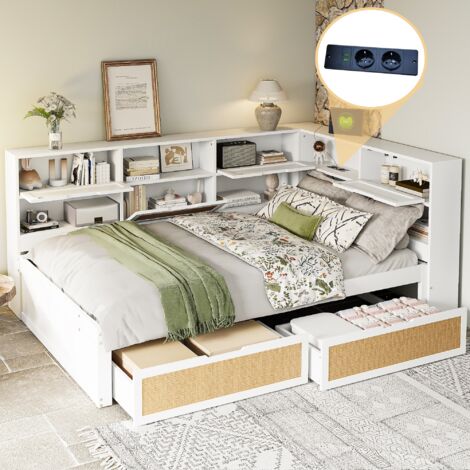 Lit gigogne 140x200cm avec sommier à lattes, canapé-lit extensible capitonné avec 2 tiroirs, multiples rangements et ports de recharge USB, bois massif, Blanc