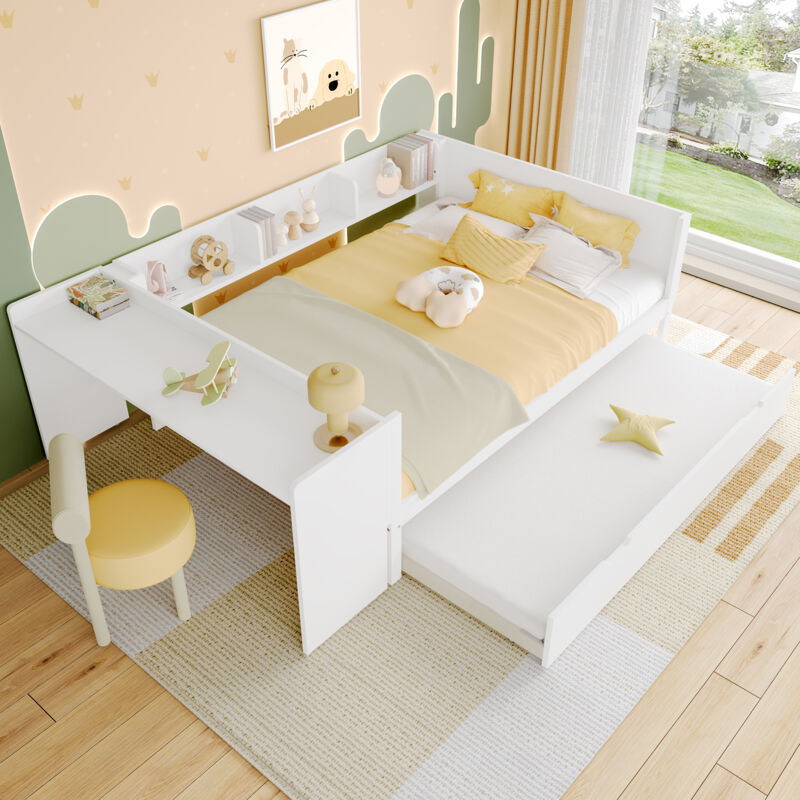 Hauss Spole - Lit gigogne 140x200cm, Avec Table intégrée, Lit pour enfant et adulte, sans matelas, Blanc