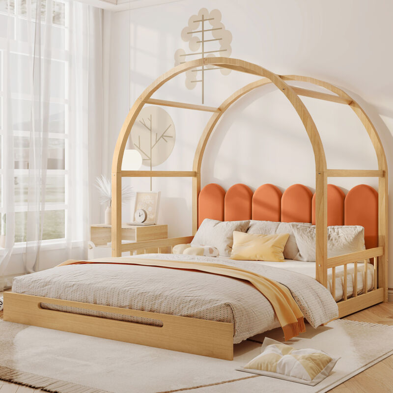 Modernluxe - Lit gigogne 140x200cm en pin massif avec tête en velours et sommier à lattes - Orange