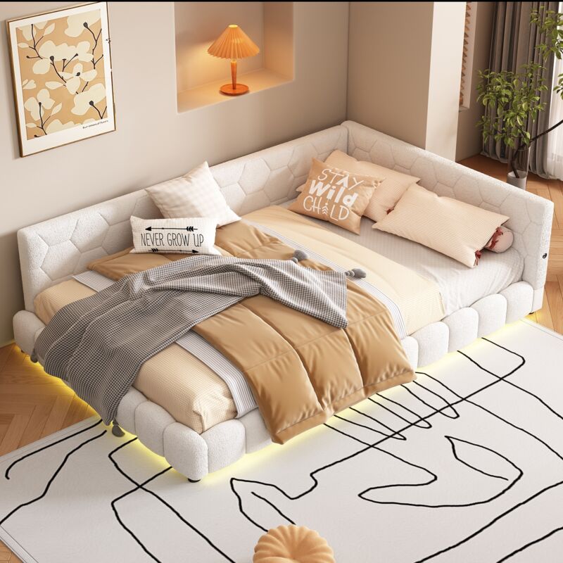 Lit gigogne 140x200cm, tissu, cadre de lit capitonné, Lit gigogne avec port USB et éclairage LED, sommier à lattes, lit double - Blanc