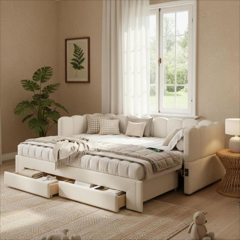 Lit gigogne 180x200cm lit banquette extensible avec tiroirs de rangement, ports usb & type-c - design scandinave - lin - beige