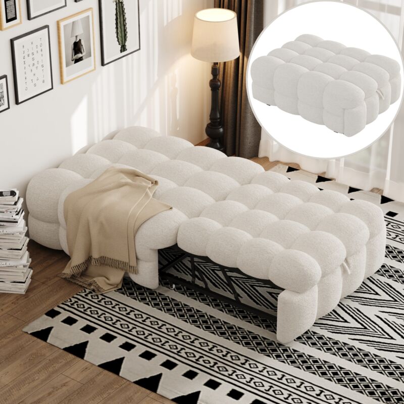 Lit gigogne 183 cm, Pouf Lit 2-en-1 avec Canapé-Lit Escamotable, Lit Simple en Tissu Teddy - Beige
