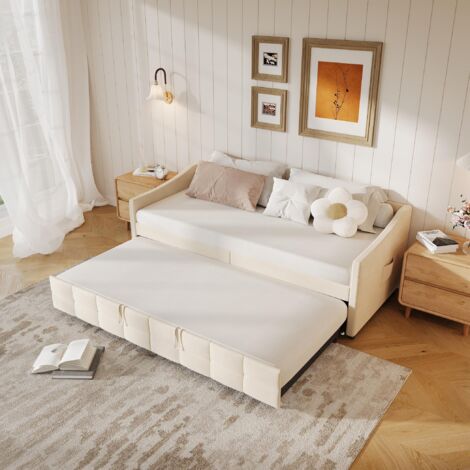 FORTUNA LAI Lit gigogne 2 places 90x190 cm avec sommier à lattes, canapé convertible en velours, idéal pour une chambre d'amis, une chambre d'enfants ou un studio - Beige