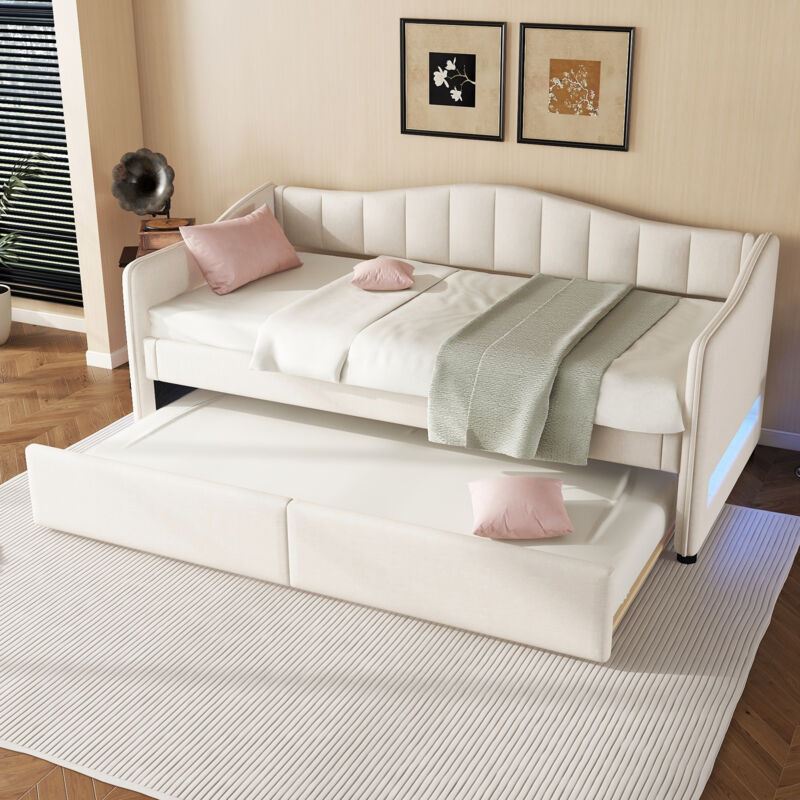 Fortuna Lai - Lit gigogne 2x90x200cm - canapé-lit led avec sommier à lattes - sans matelas - Lin beige