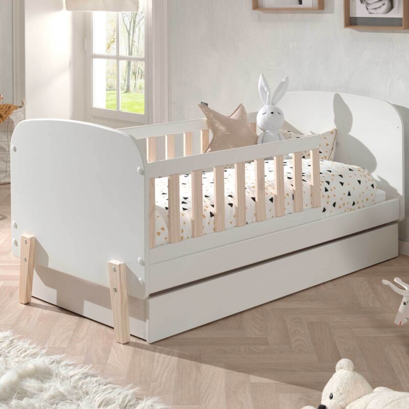 Lit junior Kiddy 70x140cm avec tiroir de lit - blanc/bois de pin Lit junior Kiddy 70x140cm avec tiroir de lit - blanc/bois de pin