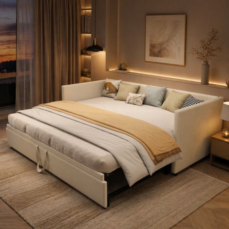 Lit gigogne 90/180 x 200 cm, Canapé lit Convertible Extensible 2 Places avec sommier à Lattes, Canape Lit Rembourré, Tissu Velours, sans Matelas, Beige