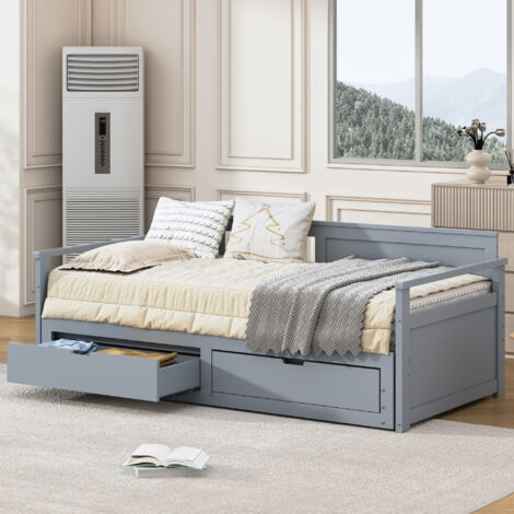 Lit gigogne 90/180x190cm en bois massif - 2 tiroirs à roulettes - Gris