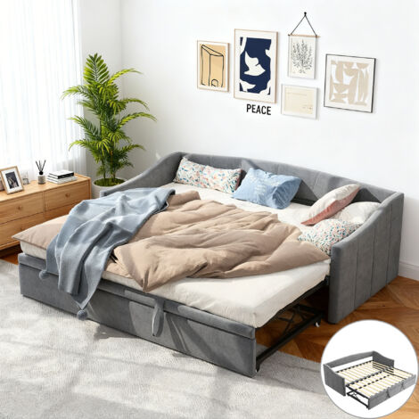 Lit gigogne 90/180x200 cm - 2 places - Canapé-lit extensible 2 en 1 avec sommier à lattes - lit multifonctionnel 2 Personnes - tissu velours doux pour la peau - gris