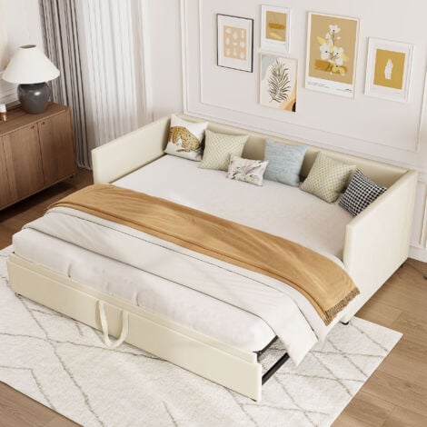 PERGAR Lit gigogne 90/180x200 cm,lit capitonné canapé,lit multifonctionnel avec dossier et accoudoirs,matelas non inclus,velours,beige