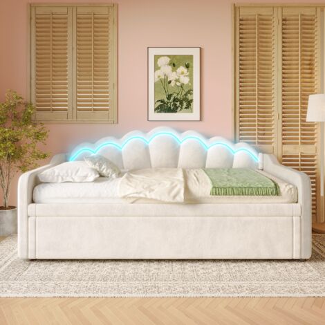 Lit gigogne 90/180x200, lit capitonné canapé-lit extensible, bande lumineuse LED à couleurs changeantes, sommier à lattes, velours, lit gigogne multifonction - Beige
