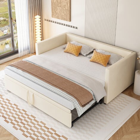 Lit gigogne 90/180x200cm, lit capitonné canapé-lit extensible avec sommiers à lattes, lit multifonctionnel style moderne, velours - Beige