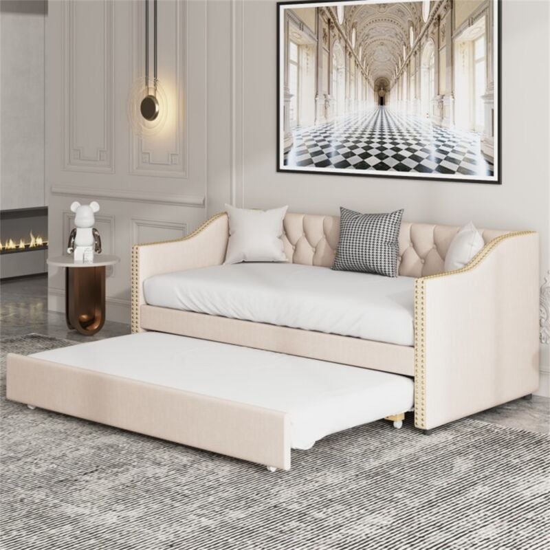 Lit gigogne 90x200 cm, lit enfant capitonné, points de traction en forme de losange et deux rivets décoratifs, matière lin, adapté aux enfants et