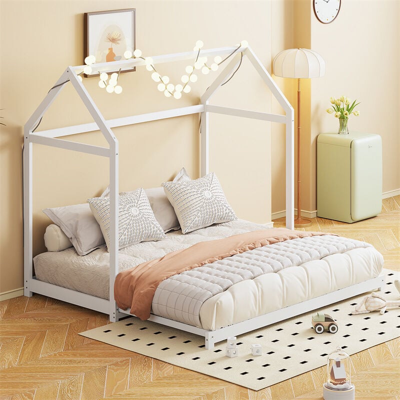 Lit gigogne 90/180 x 190 cm, lit cabane d'enfant avec sommier à lattes, lit en bois massif, blanc