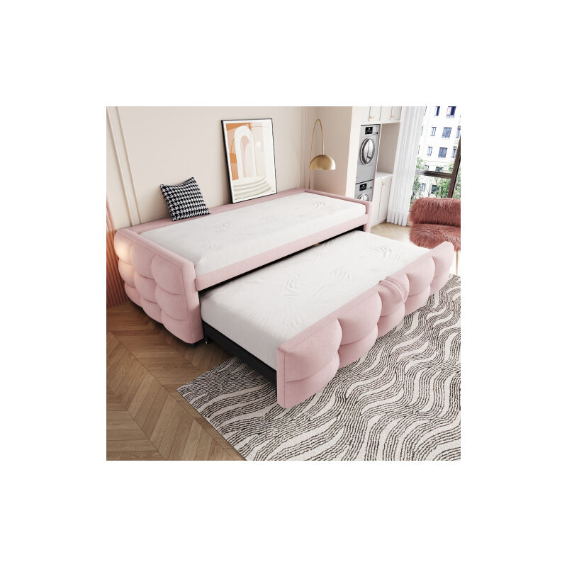Ineasicer - Lit gigogne 90/180190cm, Lit bouffant, Tissu velours Teddy, Lit simple, Lit double, Avec sommier à lattes, Lit multifonctions, Rose