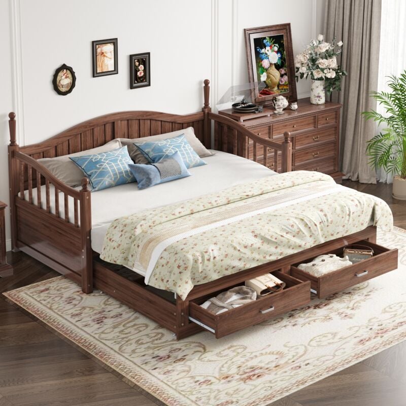 Tanant - Lit gigogne 90/180x190 cm, canape lit gigogne avec sommier à lattes, avec colonnes romaines, avec dossier et accoudoirs incurvés, avec 2