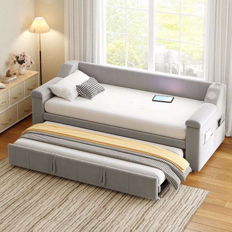 Tanant - Lit gigogne 90/180x190 cm, canapé-lit rembourré avec sommier à lattes, avec chargement usb et système audio Bluetooth, avec poches