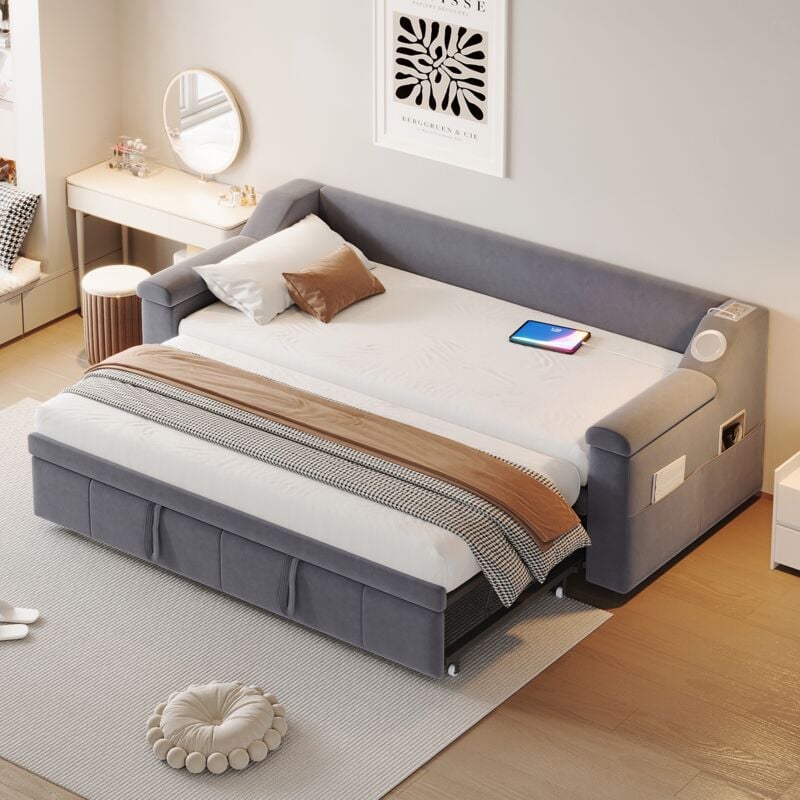 Tanant - Lit gigogne 90/180x190 cm, canapé-lit rembourré avec sommier à lattes, avec chargement usb et système audio Bluetooth, avec poches