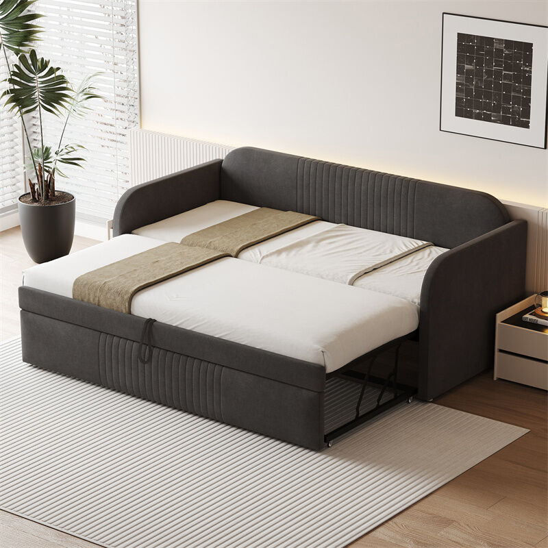 Fortuna Lai - Lit gigogne 90/180x190cm, canapé-lit capitonné à rayures verticales, avec sommier à lattes, sans matelas, tissu en lin, gris foncé