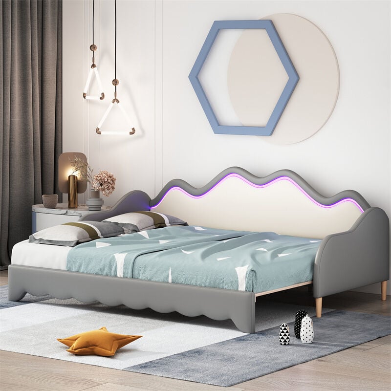 Fortuna Lai - Lit gigogne 90/180x190cm, lit enfant en simili cuir avec éclairage led, avec sommier à lattes, sans matelas, gris