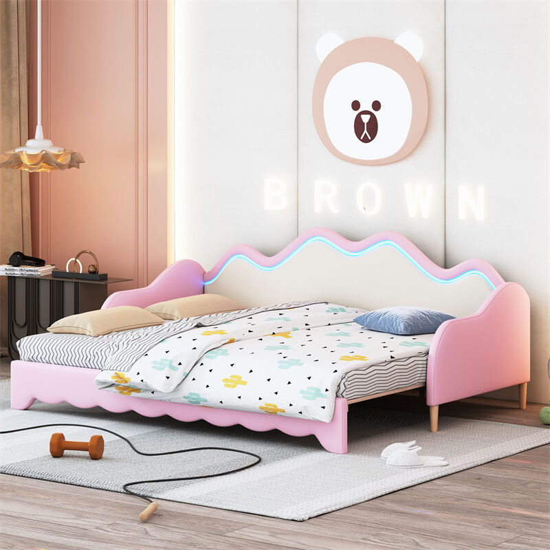 Lit gigogne 90/180x190cm, lit enfant en simili cuir avec éclairage LED, avec sommier à lattes, sans matelas, rose