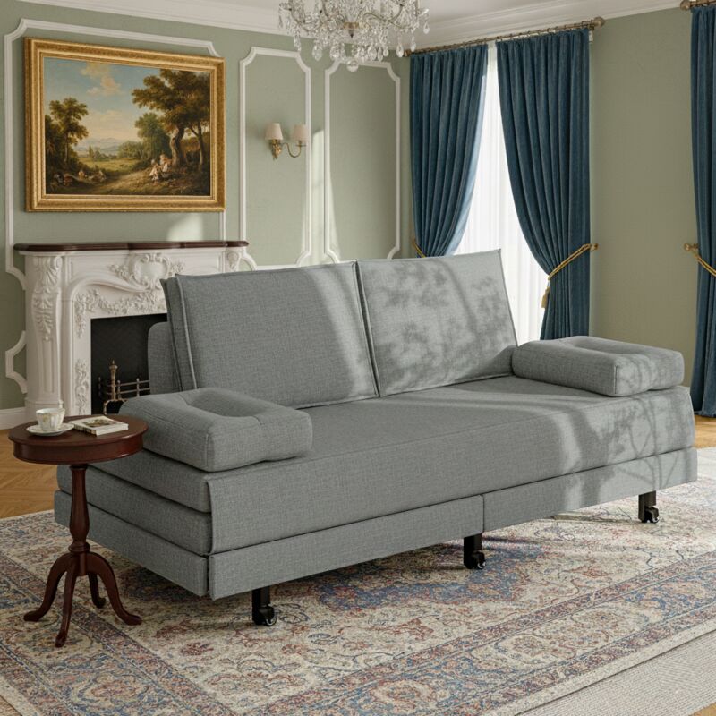 Lit gigogne 90/180x200 cm, lit capitonné, avec canapé-lit extensible, tissu lin, sommier à lattes, canapé-lit double,Gris