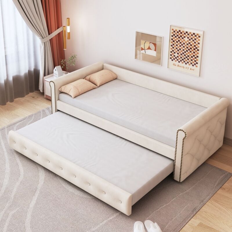 Fortuna Lai - Lit gigogne 2x90x200cm - Canapé-lit extensible avec sommiers à lattes, sans matelas - lit en tissu velours - Beige