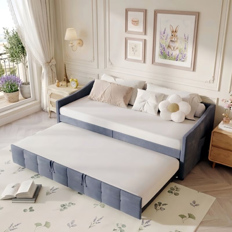 Lit gigogne 90/180x200 cm, Lit roulant 90/180x200 cm, avec lit escamotable, poches latérales, tissu velours, base à lattes, canapé-lit extensible