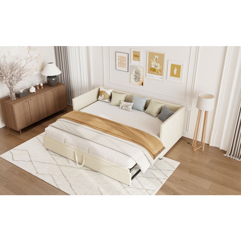 Lit gigogne 90/180x200 cm,lit capitonné canapé,lit multifonctionnel avec dossier et accoudoirs,matelas non inclus,velours,beige