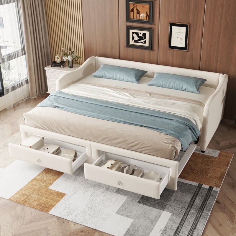 Modernluxe - Lit gigogne 90/180x200cm avec 2 tiroirs - tissu en lin - Beige (matelas non inclus)