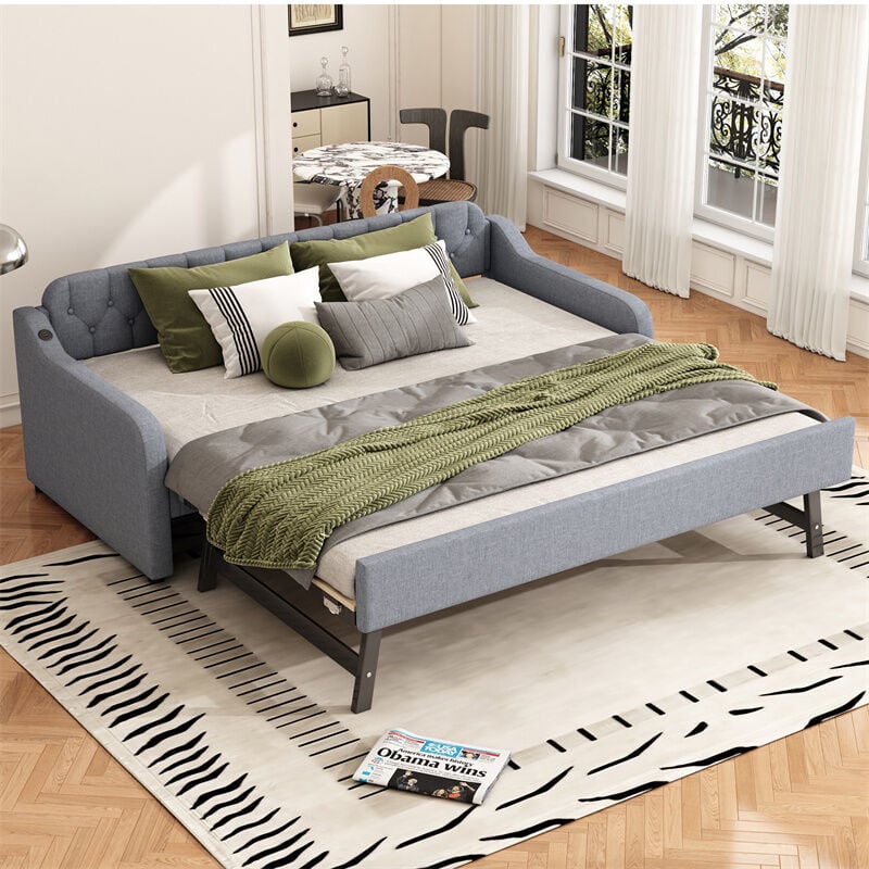 Fortuna Lai - Lit gigogne 90/180x200cm, canapé lit extensible, méridienne avec port usb, sans matelas, gris