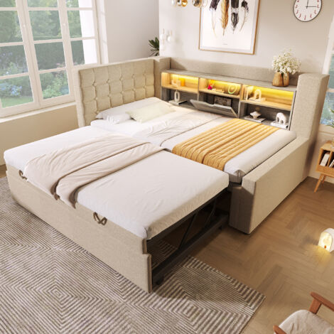 Lit Gigogne 90×200 cm et 90×190 cm, Lit Simple avec LED Réglable, USB et Type C, sans Matelas, en Lin, Beige