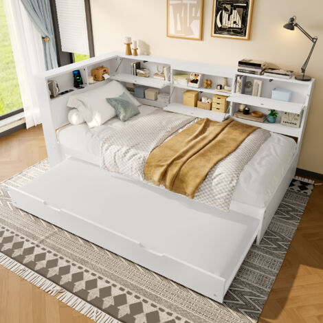 Lit Gigogne 90×200 cm, Lit Simple avec USB, Type C et Compartiments, sans Matelas, en Bois, Blanc