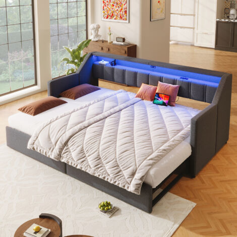 Lit Gigogne 90×200 cm, Lit Simple avec USB, Type C, LED et 2 Tiroirs, sans Matelas, en Lin, Gris
