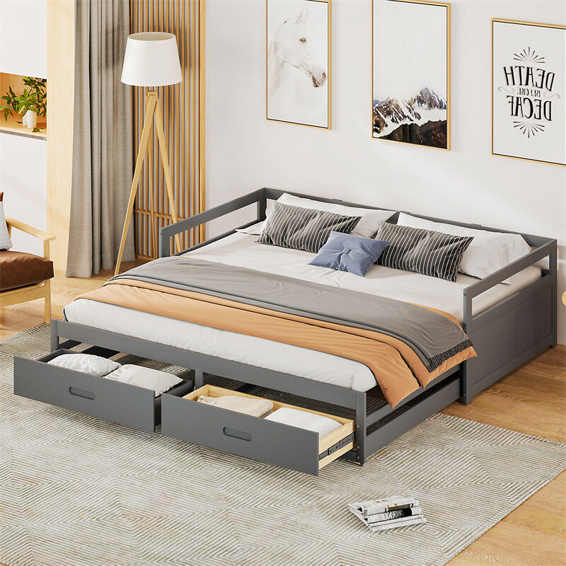 Fortuna Lai - Lit gigogne 90x/180x200cm, canapé-lit convertible avec 2 tiroirs, sommier à lattes, sans matelas, cadre en pin, gris
