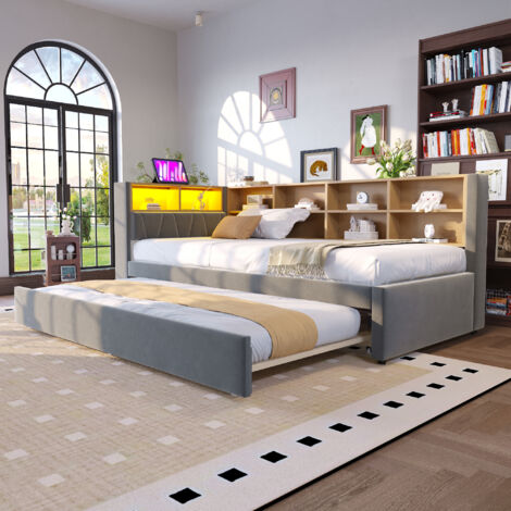 Lit gigogne 90x190/90x200 cm équipé d'un éclairage LED, de multiples compartiments de rangement, en flanelle, gris foncé (sans matelas)