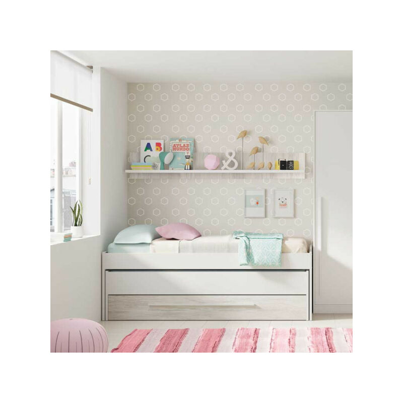 TMM - Lit gigogne 90x190 Blanc et Bois blanc - panda - lit : l 199 x l 96 x h 65 cm Etagère : l 180 x m 19 x h 22.5 cm