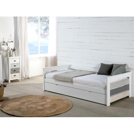 Lit gigogne 90x190 cm en pin blanc, gris et beige - KINDA