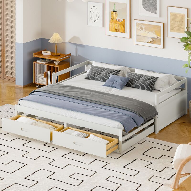 Tanant - Lit gigogne 90x190cm - avec 2 tiroirs, canapé lit escamotable tapissé, sommier à lattes, lit adulte style Scandinave, Bois - Blanc