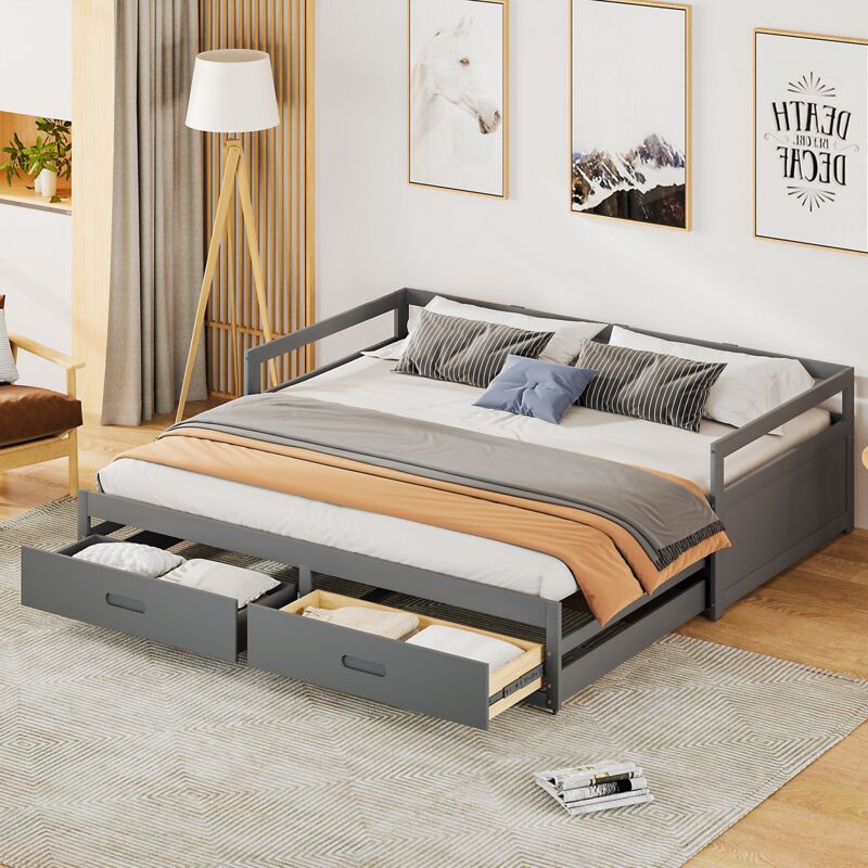 Tanant - Lit gigogne 90x190cm - avec 2 tiroirs, canapé lit escamotable tapissé, sommier à lattes, lit adulte style Scandinave, Bois - Gris