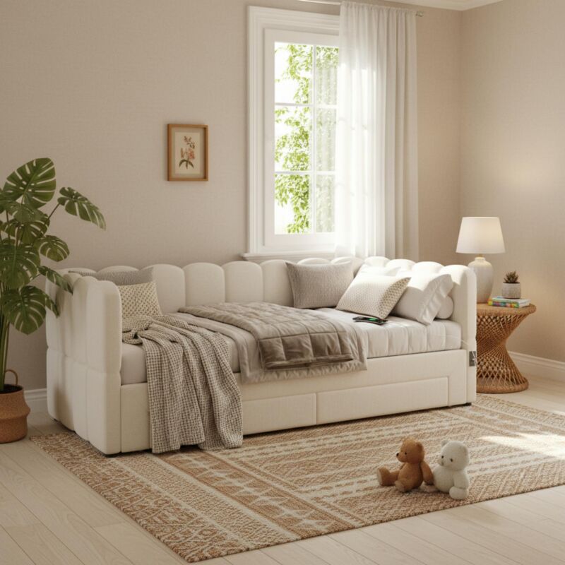 Lit gigogne 90x190cm lit banquette extensible avec tiroirs de rangement, ports usb & type-c - design scandinave - lin - beige