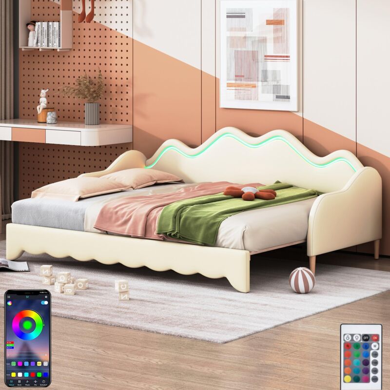 Dans Les Nuages - Lit gigogne 90x190 cm/180x190 cm Lit de jour en similicuir avec éclairage led et sommier à lattes, Beige