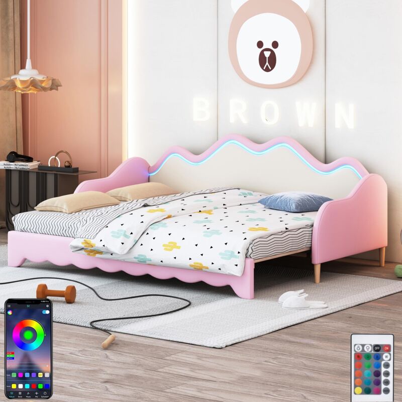 Lit gigogne 90x190 cm/180x190 cm Lit de jour en similicuir avec éclairage LED et sommier à lattes, Rose