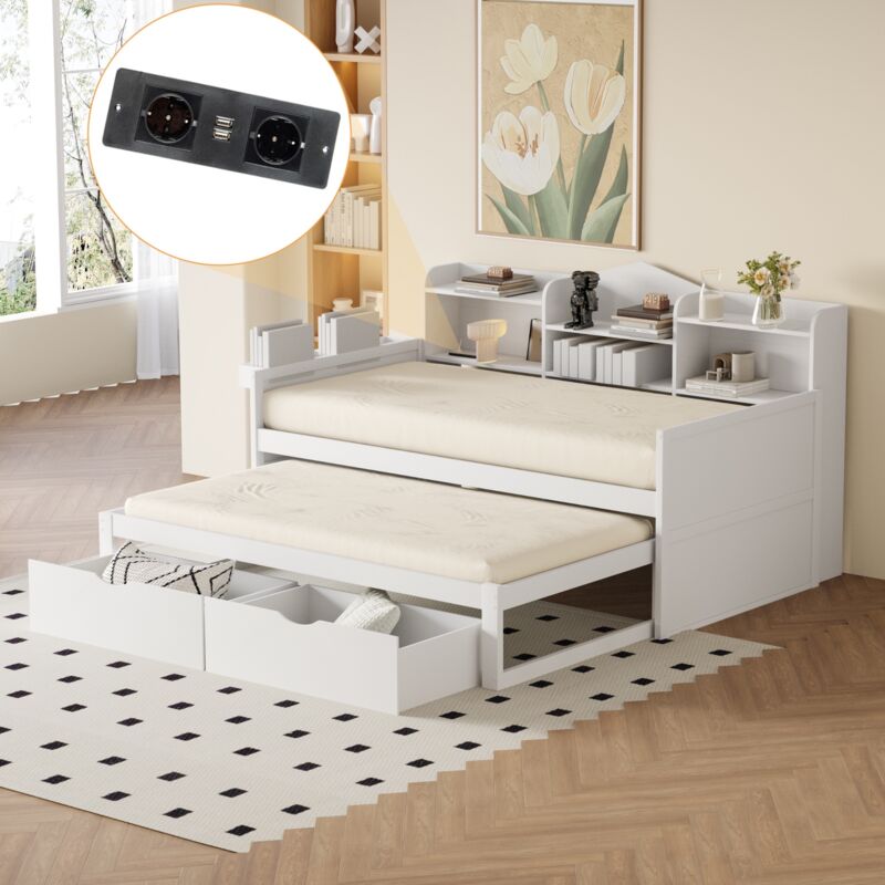 Dans Les Nuages – Lit gigogne 90x190 cm avec 2 tiroirs – USB charge intégrée – Étagère de rangement – Sommier à lattes en bois – Cadre en métal –