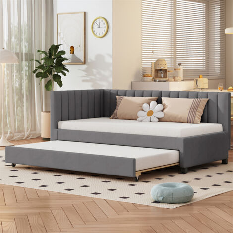 Lit gigogne 90x200+90x190cm, canapé lit avec sommier à lattes, tissu velours, sans matelas, gris