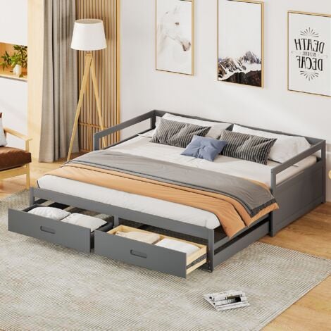 Lit gigogne 90x200 cm/180x200 cm, avec 2 tiroirs, sommier à lattes en bois, lit de jour extensible, pour enfant, adulte - Gris